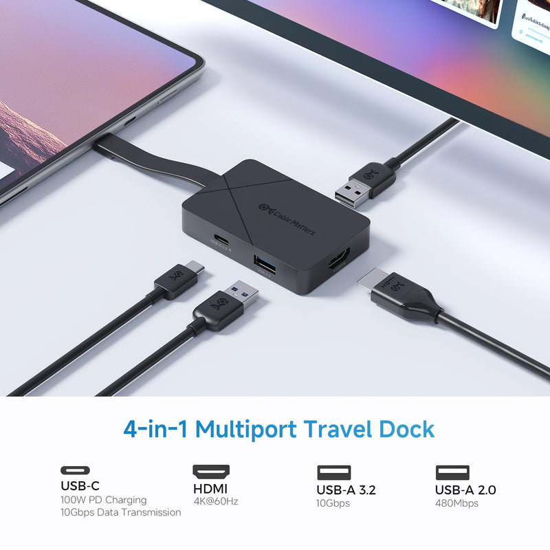 [Designed for Microsoft Surface] Cable Matters 4-in-1 USB C Hub HDMI 4K@60Hz 100W Charging, 10Gbps USB and USBC, Compatible with Surface Pro/Laptop/Book with USBC or Thunderbolt 4
