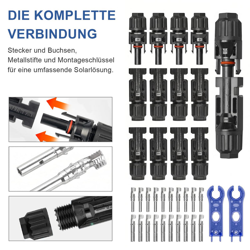 12 Pairs Solar Plugs MC4 Connector IP67 Waterproof PV Plug 6 mm2 with Mounting Tool Solar Panel Cable Connector for Photovoltaic Systems, Compatible with 2.5/4/6 mm² Cable | Solar plug MC4