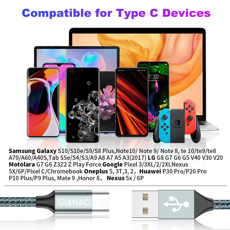 GIANAC USB C cable, [2 pieces 3 m] 3.1A charging cable USB C nylon fast charging and synchronization cable USB C for Samsung S10/S9/S8te 10te 9, Huawei P30/P20/Mate 20, Sony Xperia 3M+3M