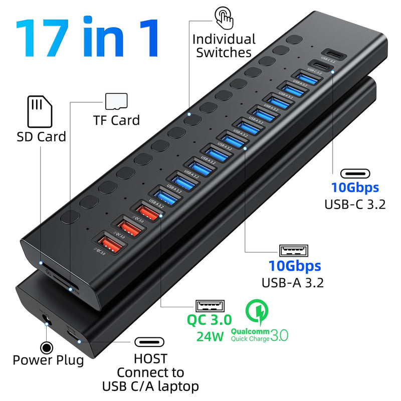 Powered USB Hub 10Gbps, 17 Ports 96W USB 3.2 Hub(10 USB-A 3.2 Ports+3 QC 24W Fast Charging Ports+2 USB-C 3.2 Ports+SD/TF Card Reader), 12V/8A Power Adapter for Laptop, PC, Computer, HDD,Flash Drive Black
