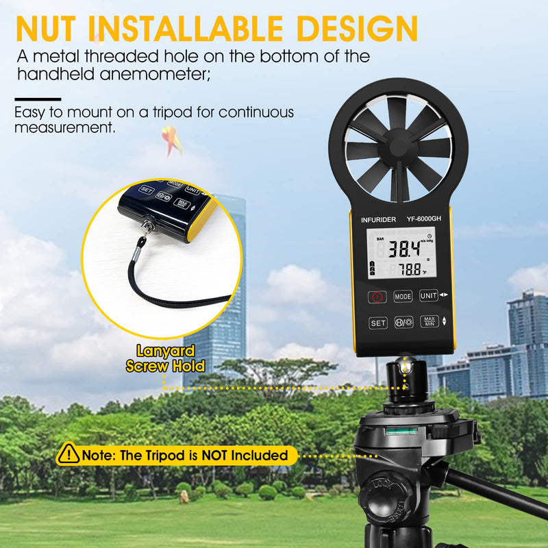 Rechargeable anemometer, wind measuring device, INFURIDER YF-6000GH smart touch digital anemometer hand for measuring wind speed/temperature, wind speed meter gauge for outdoor HVAC airflow
