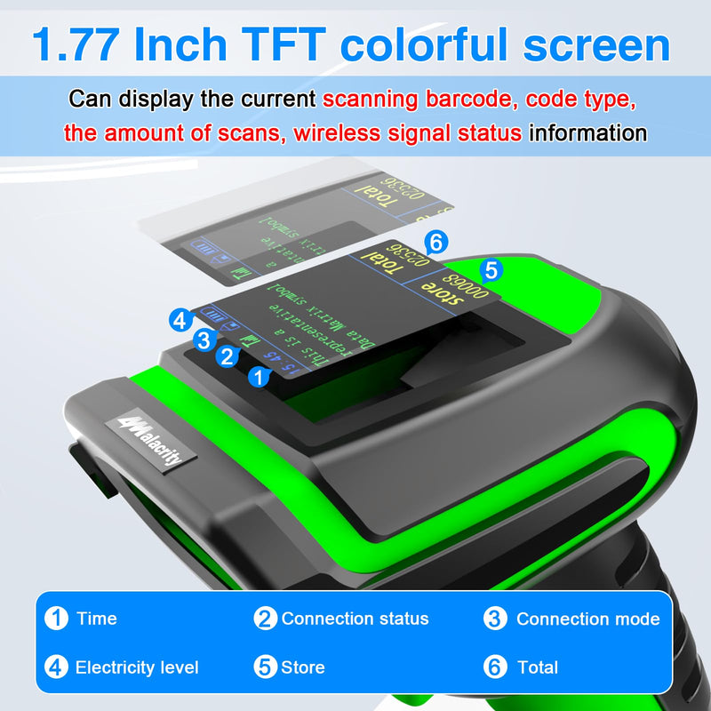 Alacrity Industrial-Grade Bluetooth 433MHz Wireless 2-in-1 Barcode Scanner with Screen and Dock, Long-Range 1500m Connectivity for Retail, Warehouse, and Logistics.