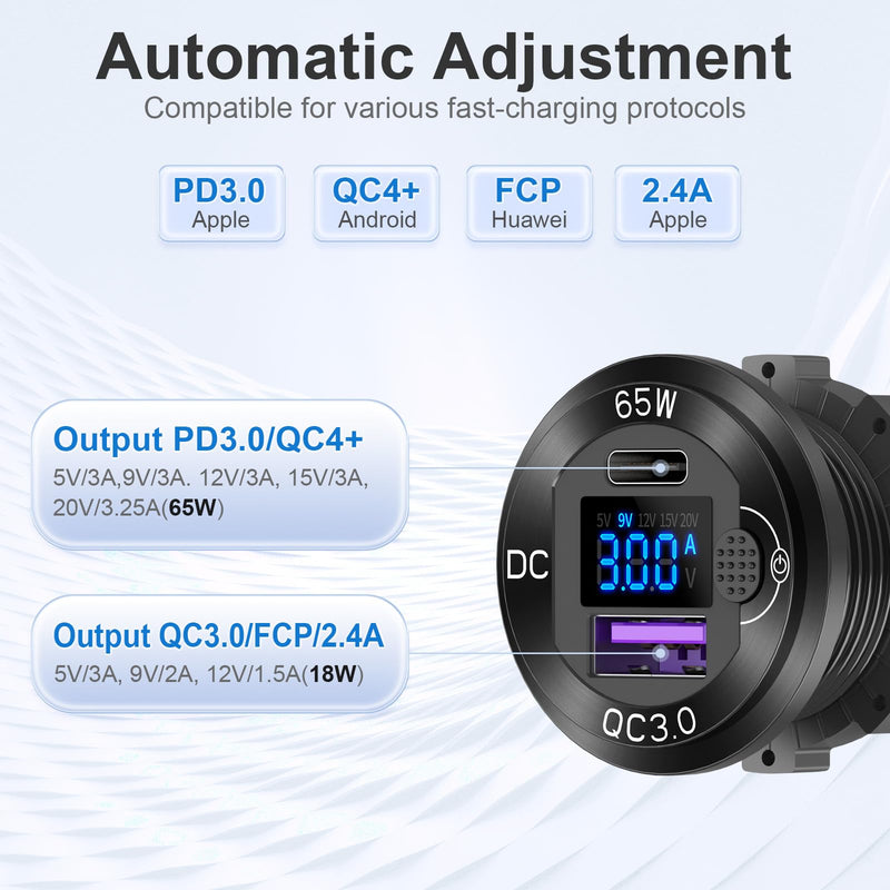12V USB Outlet Aluminum Car Charger PD65W Car USB Port for Laptops, Quick Charge 3.0 USB Port for Car, Built-in Boost 15V 20V Output Socket Waterproof with Voltmeter and Switch for RV Marine Boat, etc