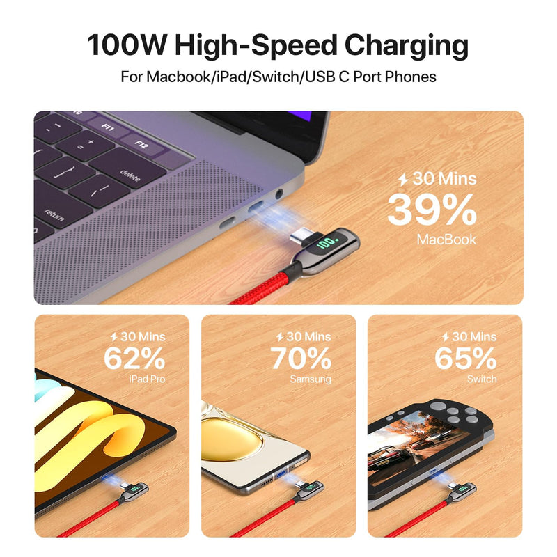SOOPII 100W Right Angle USB C to USB C Cable,2Pack 10FT Zinc Alloy Case Nylon Braided Type-C Cable with LED Display for iPhone 17/16,lPad Air/Pro,MacBook Pro,Samsung S23/S22/S10,Pixel,LG,Red 2-Pack 10 ft Red