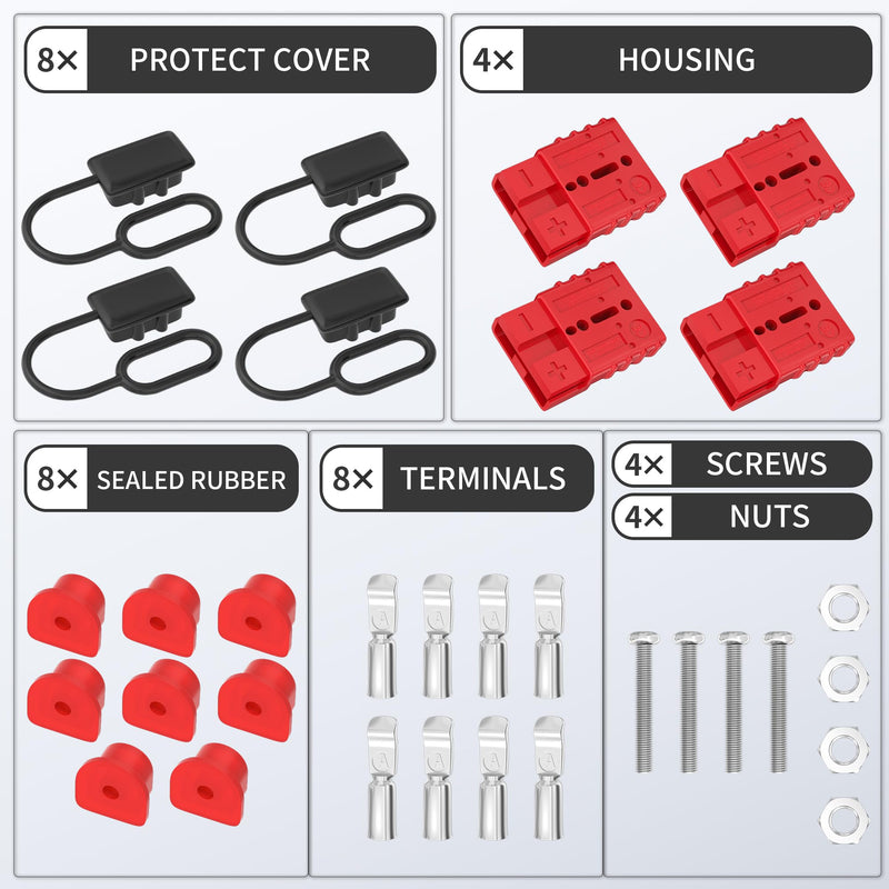 4PCS 50Amp Battery Quick Connect/Disconnect Connector,6 to 12 Gauge Battery Cable Connector, Wire Harness Plug Kit 12 to 36V for Car Winch Trailer Red 50A 2PCS