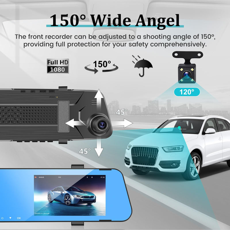 4.5 Inch Rear View Mirror Camera for Car with 64G TF Card, 1080P IPS Touch Screen/Loop Recording / 150° Wide Angel/Night Vision/G-Sensor/Parking Assistance