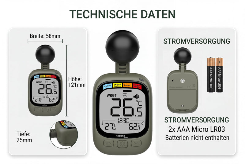 technoline EA 3060 WBGT Meter - Heat Stress Monitor with Temperature & Humidity Display | WBGT Warning System | Indoor/Outdoor | Alarm Function | Ideal for sports, work and outdoor activities
