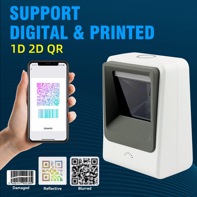 Handsfree Omnidirectional Desktop Barcode Scanner with USB Cable, 1D 2D QR Image Sensing, Plug and Play Barcode Reader for Warehouse Supermarket Retail Store