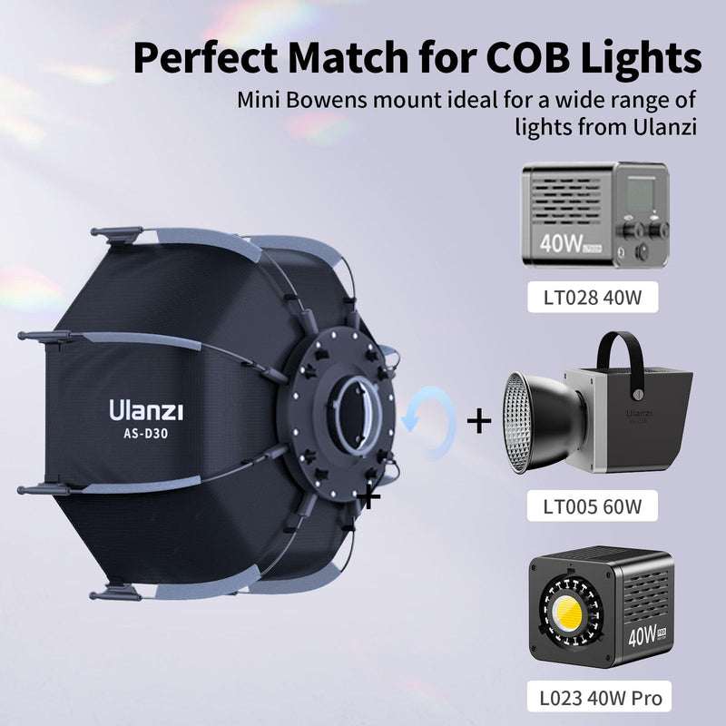 Ulanzi AS-D30 30cm Mini Bowens Mount Octagon Softbox Octagonal Speedlite, Studio Flash, Speedlight Umbrella Softbox with Carrying Bag, Lightweight Compatible with Ulanzi 40W/40W Pro/60W Video Light.