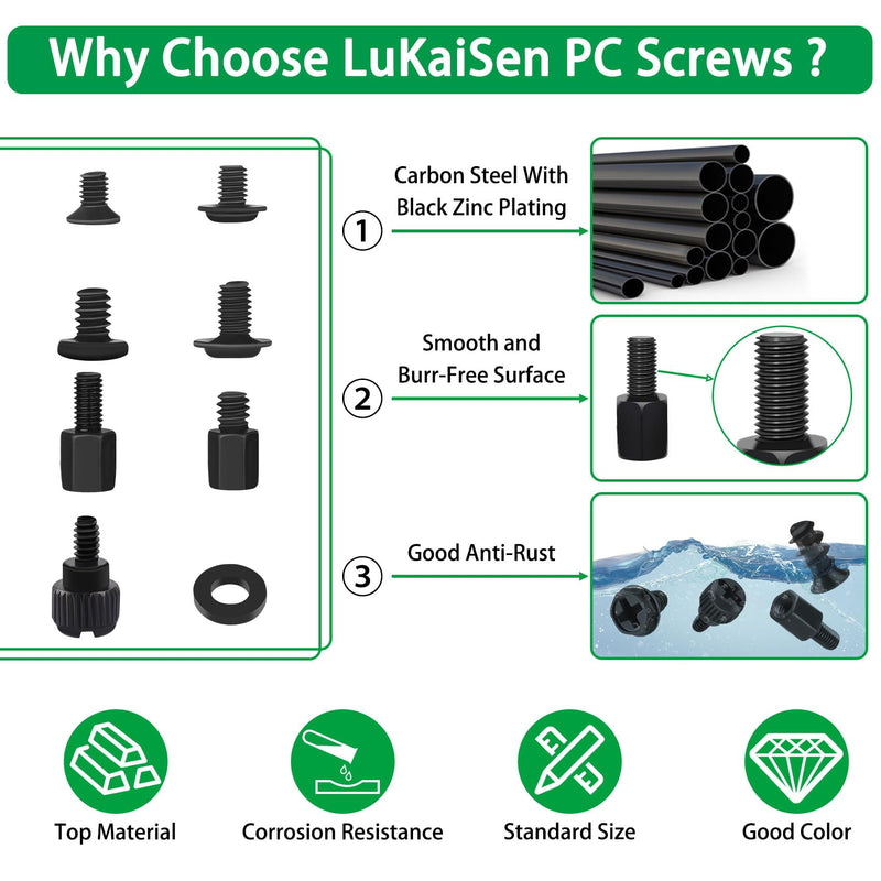 516PCS Computer Screws Assortment Kit, 6-32 Male to M3 Female Carbon Steel Black Zinc Plated Motherboard Standoffs Screws for 2.5''SSD Hard Drive Fan Power Graphics Chassis CD-ROM Computer ATX Case 516Pcs Black PC Screws