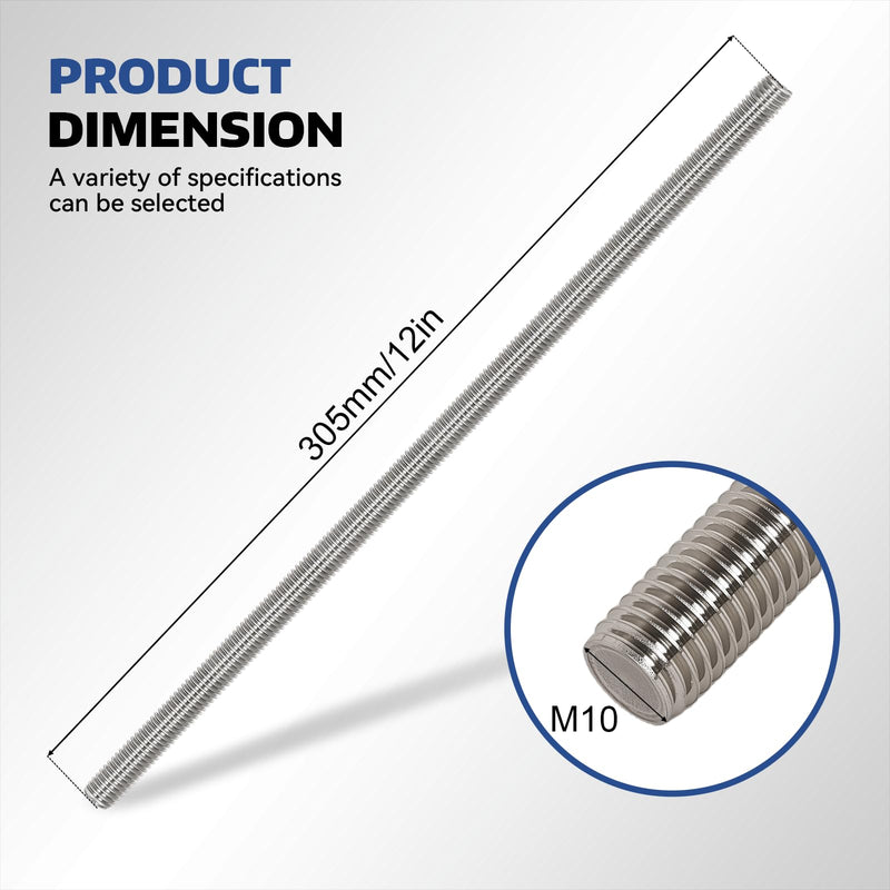 8 Pcs 304 Stainless Steel M10 Fully Threaded Rod,12"(305mm) Long Threaded Rod,Right Hand Threads，with Nuts (8, M10x305mm) 8