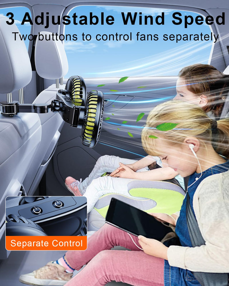 Battery Fan for Car Backseat, 360°Rotatable Car Fan for Back Seat Kids, [Comes with Car Charger&USB C Cable*1] 3 Speeds Separate Control Rechargeable Fan for Car Seat Fit for Vehicles SUV RV 2000mAh