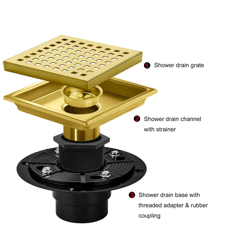 SaniteModar Shower Drain, 6 inch Shower Floor Square Drain with Flange, Removeable Grid Panel SUS 304 Stainless Steel Square Shower Drain, Brushed Gold