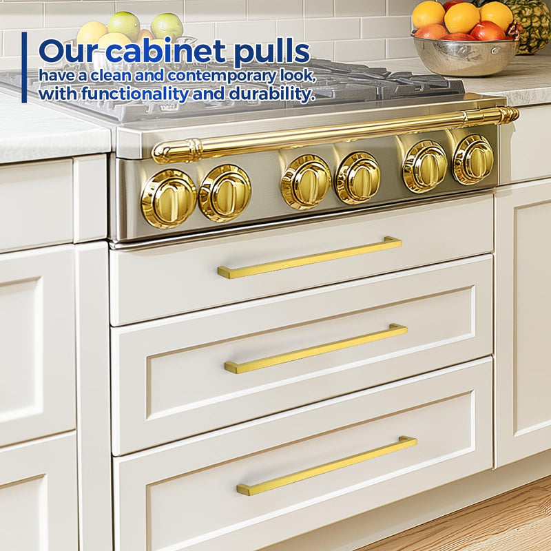 JOY DECOR 5 Pack Cabinet Handles, Gold Cabinet Pulls, 13-4/5 Inch Kitchen Handles Square Drawer Pulls Stainless Steel Drawer Hardware Handles, 352mm Hole Centers 13-4/5 Inch Hole Center