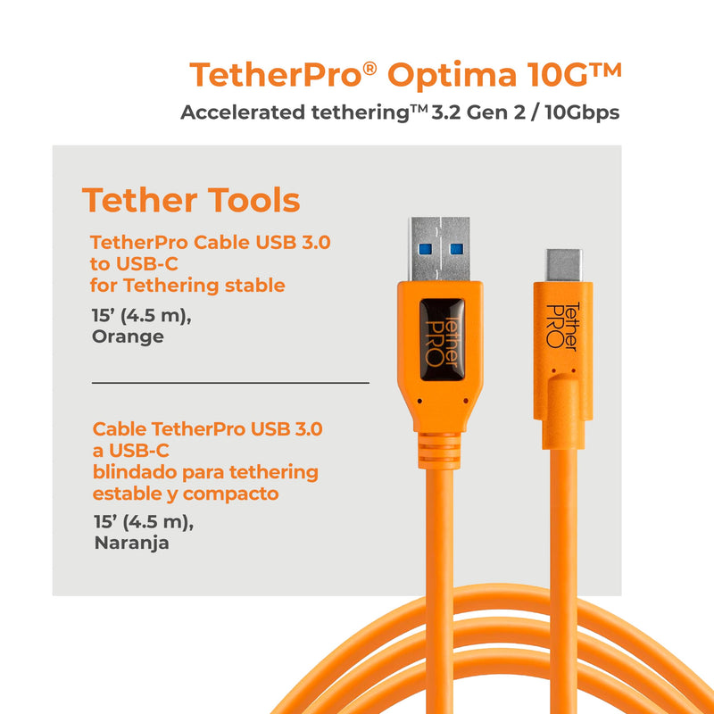 Tether Tools TetherPro USB 3.0 to USB-C Cable | for Fast Transfer and Connection Between Camera and Computer | High Visibility Orange | 15 Feet (4.6 m)