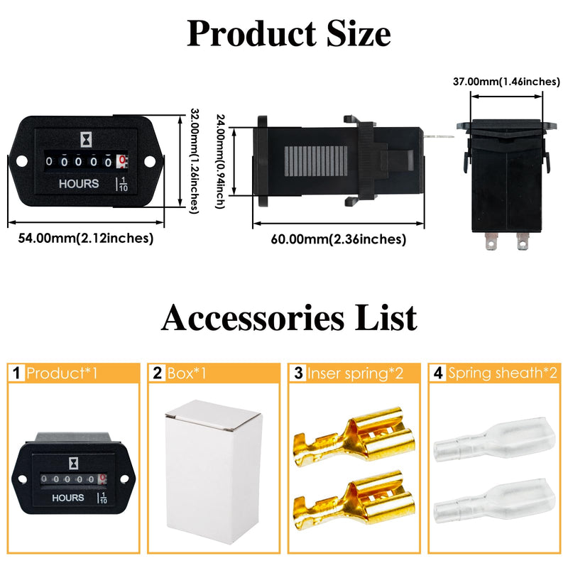 Jayron JR-HM002 DC 6-80V Snap in Mechanical Hour Meter for DC Powered Equipment Such as Fork Lifts,Golf Carts,Generator,ATV,Lawn Mower,Floor Care Equipment,and Any Other Battery Powered Equipment