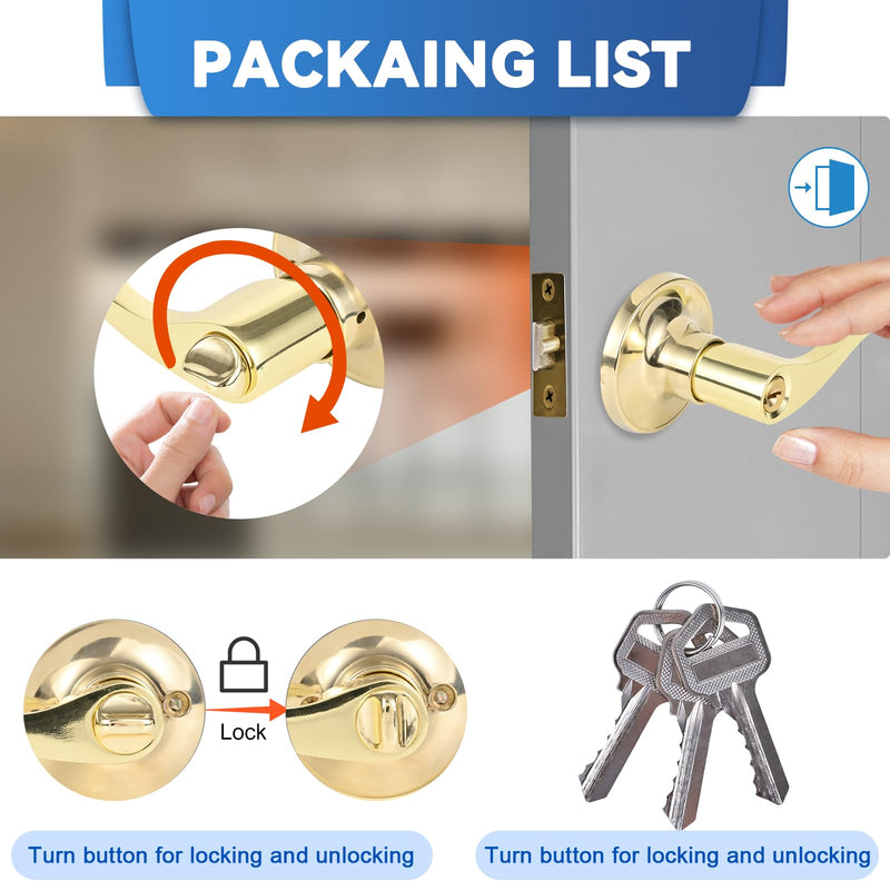 High-Security Stainless Steel Round Ball Door Handle with Lock & Key,Door Lever for Front Door, Bedroom, and Interior(Gold) Gold-Round-lever
