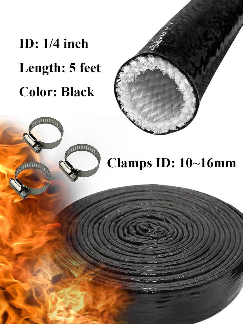 YAMAKATO 1/4" ID Heat Shielded Fire Thermo Armor Fire Sleeve Silicone Coated Fiberglass Heat Protection w/ 3 Clamps for Automotive Hose Lines & Electrical Wiring (Black, 5FT） 1/4" ID x 5FT