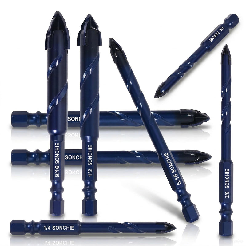 Upgraded SONCHIE Serrated Masonry Drill Bit Set - 1/4 to 9/16 Inch 8-Piece Set Industrial & HouseholdDrill Bit Set for Concrete/Tile/Glass/Brick/Ceramic/Plastic/Wood Blue Diamond 8-Pack