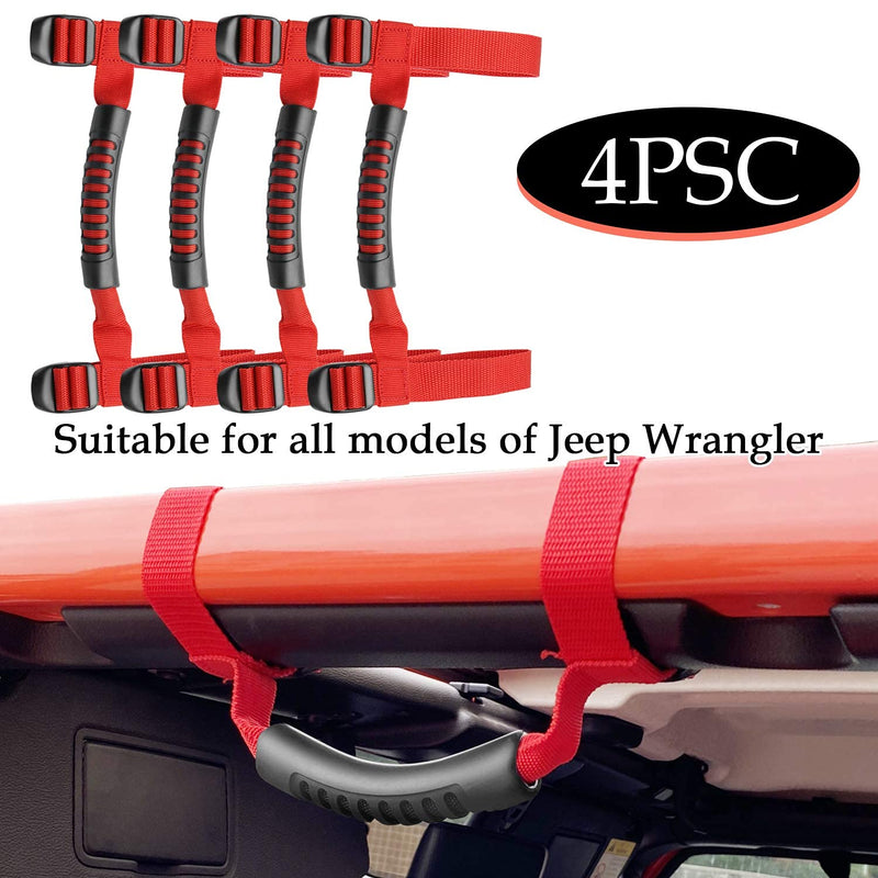 4 x Roll Bar Grab Handles Grip Handle Red Holder Compatible with Jeep Wrangler Accessories 1987-2021 YJ TJ LJ JK JL Sports Sahara Freedom Rubicon X & Unlimited