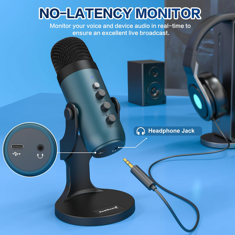 ZealSound USB Microphone,Quick Mute Noise Cancel for Phone Computer PC PS5,Gaming Microphone with Gain Control,Echo Monitor Volume Adjust for Streaming Vocal Recording ASMR Podcast Video (Teal) Teal