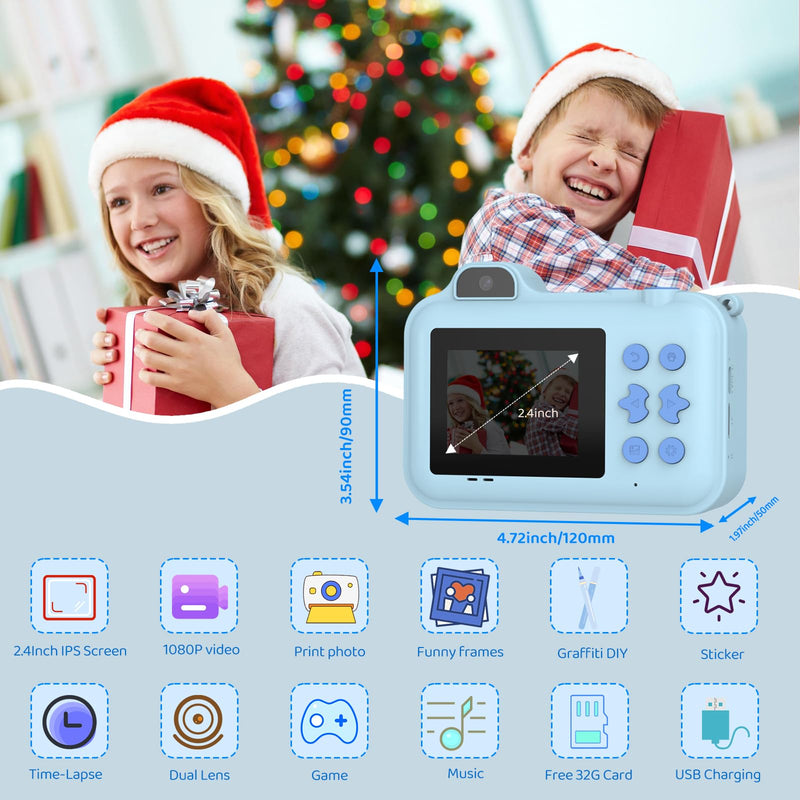 Kids Camera Instant Print,Kids Digital Camera 1080P HD Dual-Lens Selfie,Instant Print Camera with 5 Rolls Paper & 32GB Card,Toddler Camera Christmas Birthday Gifts for Boys Age 3-12 Blue
