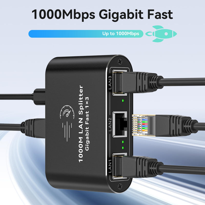 Ethernet Splitter 1 to 3 1000Mbps Internet Cable Splitter 1 in 3 Out High Speed Either Network Splitter Gigabit Dual LAN RJ45 Port Router Switch Work with Cat6/7/8 Cable Ethernet Splitter 1 to 3