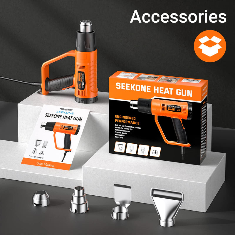 SEEKONE hot air gun, 2000W hot air dryer (400℃/600℃) high performance with 2 temperature settings, non-slip handle, flame retardant protective cover, 4 nozzles for removing paint, soldering pipes
