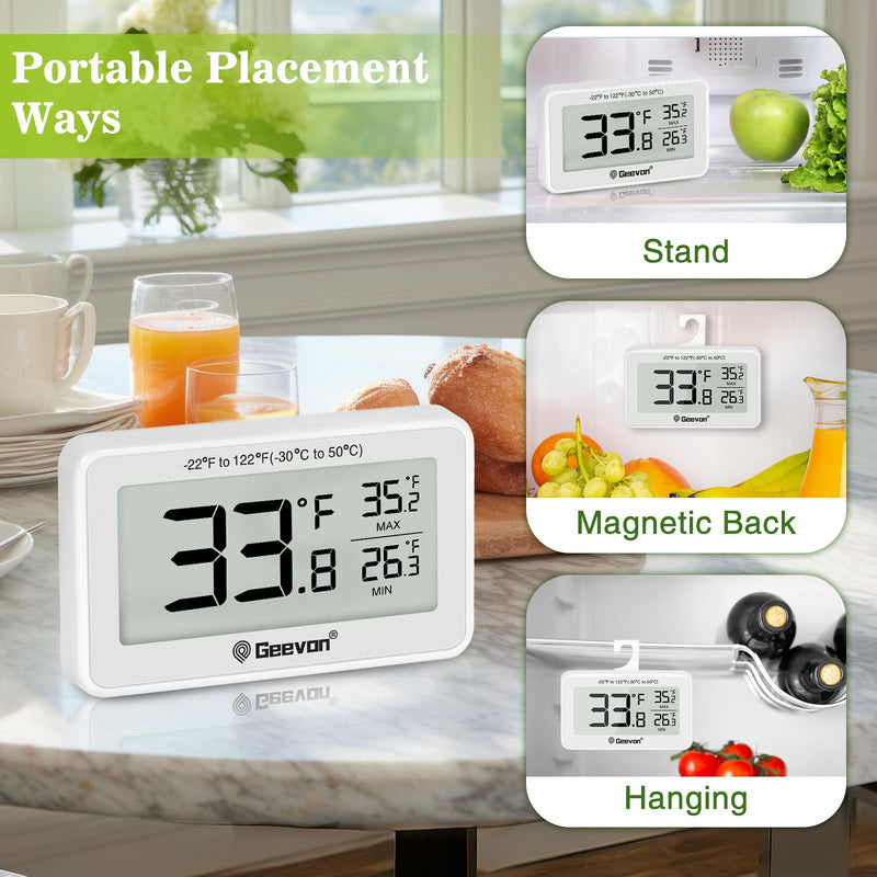 Geevon 4 Pack Refrigerator Thermometer Digital Fridge Thermometer IP65 Waterproof with Large LCD Display,Max/Min Record Function,Magnetic Back,for Fridge,Freezer Scenarios White-4Pack