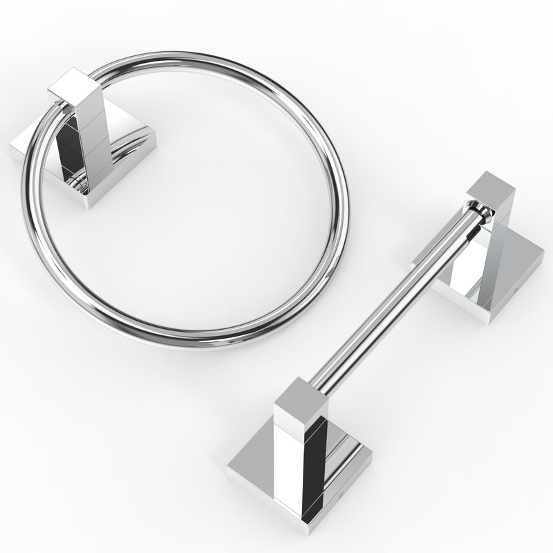 Ruacq Chrome Toilet Paper Holder Towel Ring Bathroom Accessories Hardware Set Double Post Pivoting Toilet Roll Holder Square Stainless Steel and Zinc Alloy Modern Wall Mounted 2 Pieces 2pcs