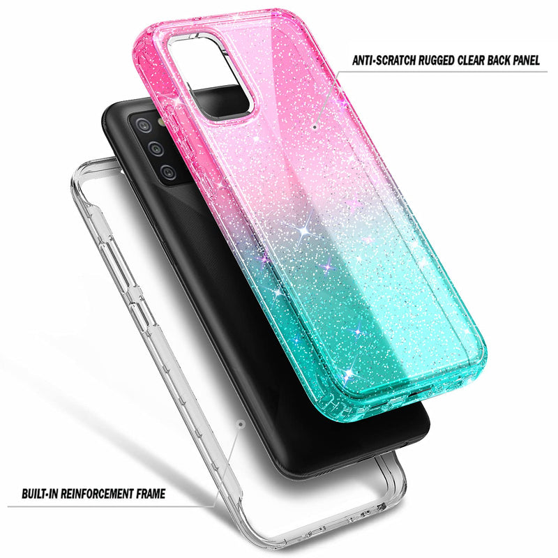 NZND Case for Samsung Galaxy A03S with [Built-in Screen Protector], Full-Body Protective Shockproof Rugged Bumper Cover, Impact Resist Phone Case (Glitter Pink/Aqua) Glitter Pink/Aqua