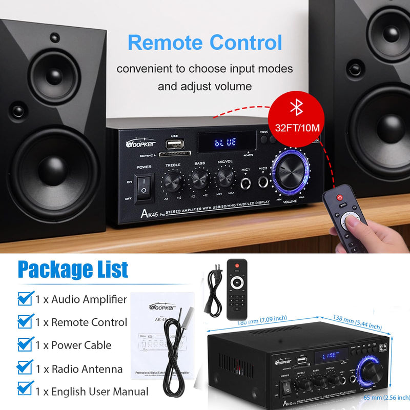 AK45 Pro Stereo Amplifier Home Audio, Stereo Receivers with Bluetooth 5.0,Max 400W, 2.0 Channel Audio Receiver for Home Theater Speakers w/USB/SD/RCA/2 MIC in for Karaok AK45 PRO