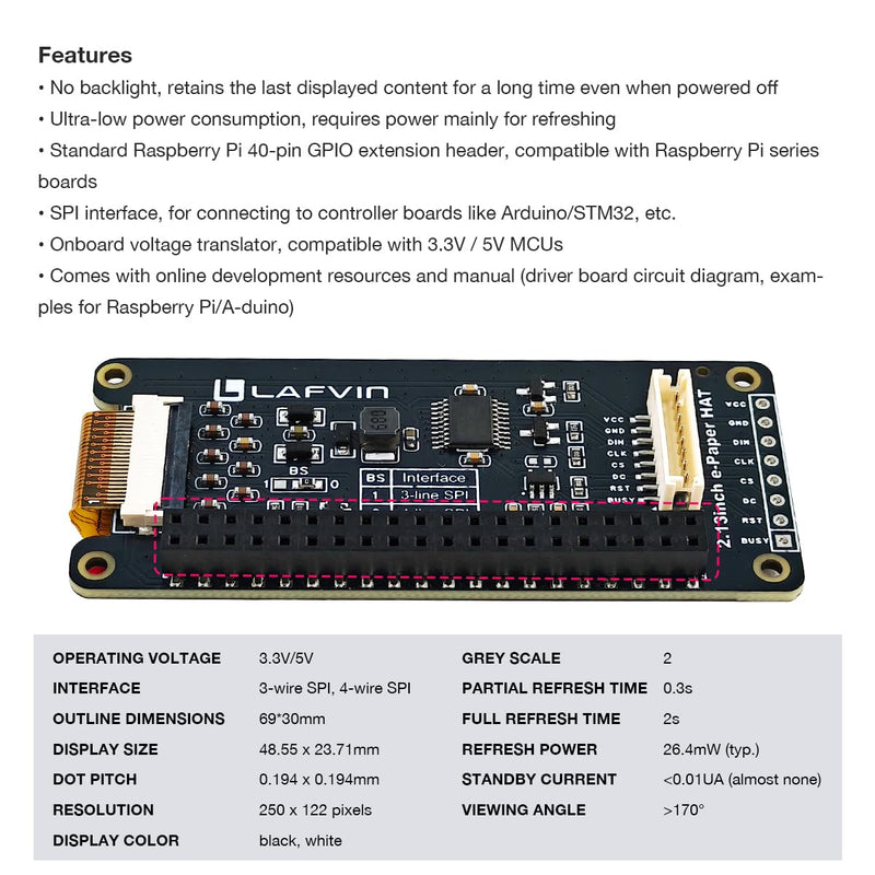 LAFVIN 2.13 inch E-Ink Paper HAT Display Module Electronic Whiteboard NVMe M.2 SSD PCIe Compatible with Raspberry Pi 5/4B/3B+/3B/2B/A+/Zero W//Zero 2 W