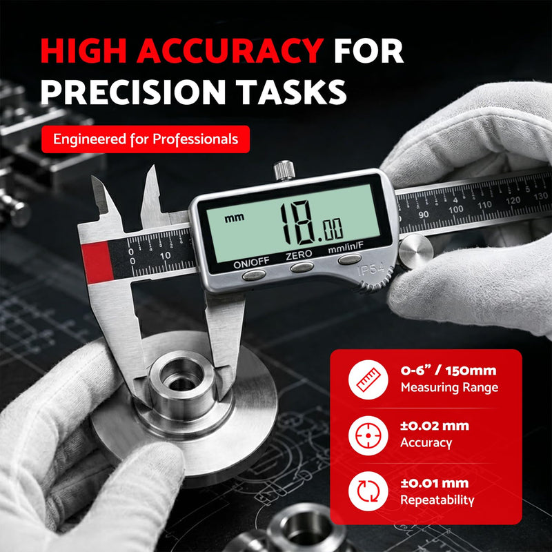 S&F STEAD & FAST Digital Caliper Measuring Tool 6 inch with Extra Large LCD Screen, Stainless Steel Micrometer Caliper Digital IP54, Measures Inch Mm Fraction for Workshop, 3D Printing DCXD6-SS-54