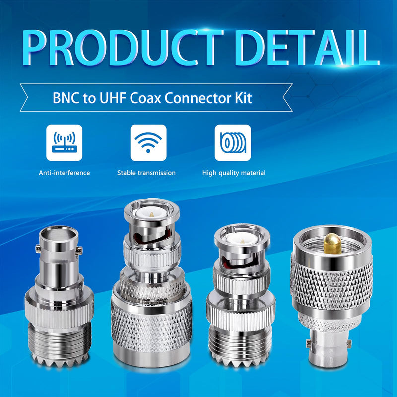 4pcs PL259 SO239 to BNC Adapter Coax Cable Connector, BNC to UHF Adapter Kit Male to Female Cable Gender Changers Coaxial Connector Kit for CB Radio,Radio,Antennas,Extension Coax Cable UHF to BNC Adapter Kit