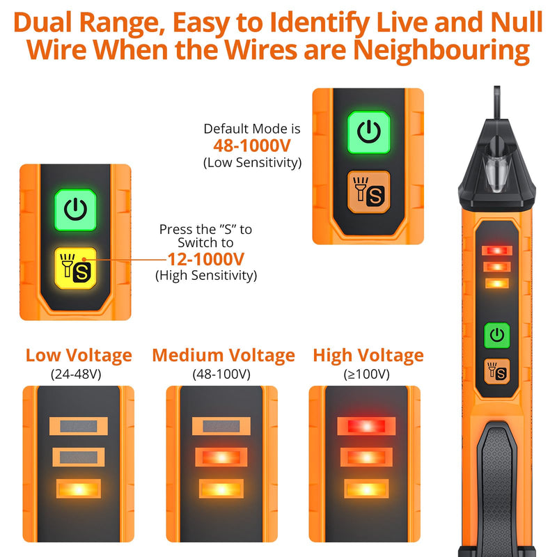 Proster Non-Contact Voltage Tester with Dual Range 12-1000V/48-1000V Adjustable Sensitivity AC Voltage Tester Pen & LED Flashlight