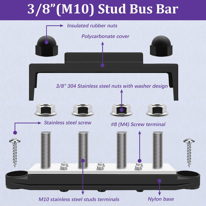 250A 12V Bus Bar Marine 12V,Power Distribution Block with Cover with 4 x 3/8”Post 6 x #8 Screws Terminals,Battery Bus Bar with 4PCS Battery Lugs and 4PCS Heat Shrink Tubing for Car Boat Solar Wiring 250A 4x3/8"+6x#8(M4)