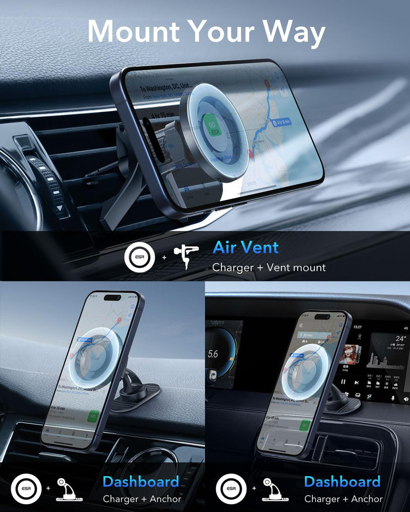 ESR for MagSafe Car Mount (HaloLock), Air Vent/Dashboard Magnetic Phone Holder for Car, Car Phone Holder Mount for iPhone 15/14/13/12, Strong Magnets, Car Accessories, Charging Not Supported, Grey