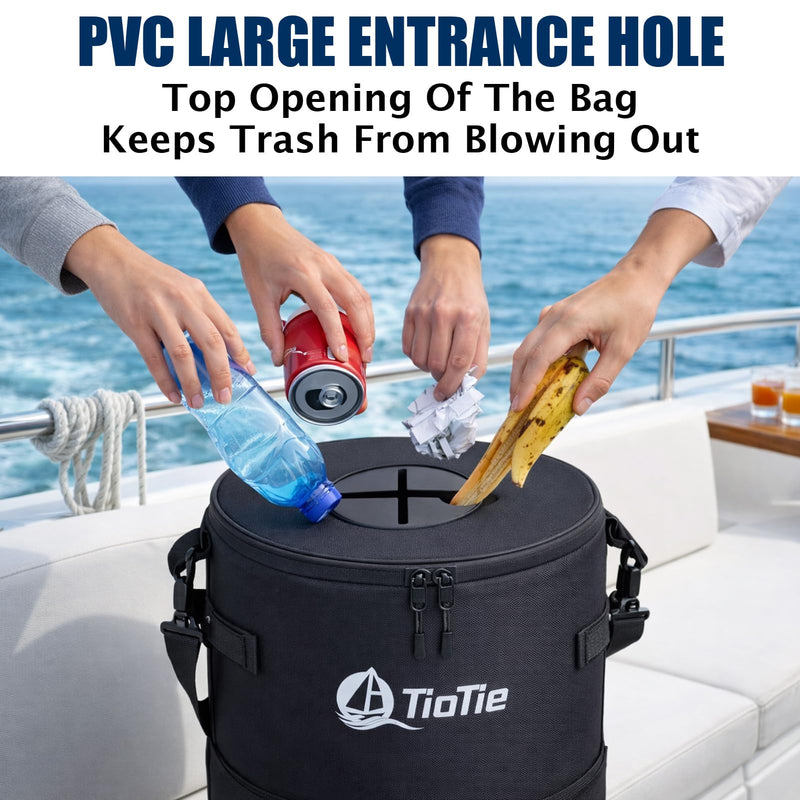 Boat Trash Can with 5.5in PVC Cross Opening, Large 26" Marine Garbage Bag for Pontoon, Fishing & Kayak Boats, 1680D Waterproof/Windproof Boat Trash Bag with Storage Pockets (Black) Black