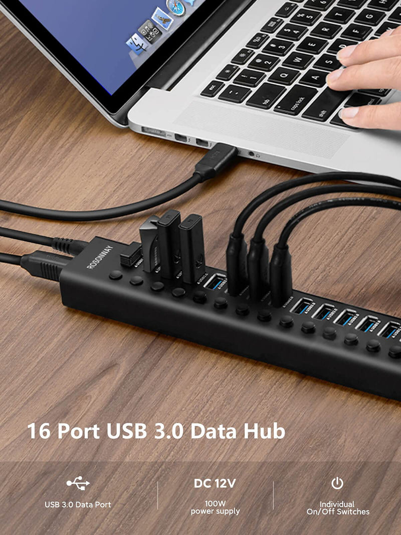 Powered USB Hub Rosonway 16 Ports 96W USB 3.0 Data Hub Aluminum USB Hub 3.0 Splitter with 12V/8A Power Adapter and Individual On/Off Switches RSH-A16 (Black) 16 Ports USB 3.0 hub Black