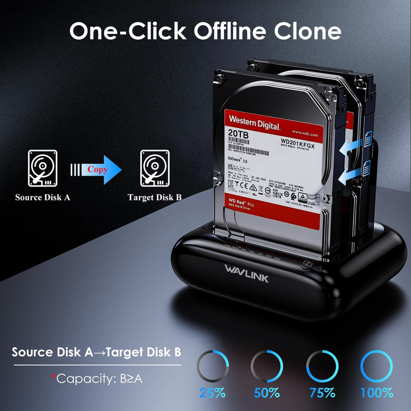 WAVLINK Dual Bay Hard Drive Docking Station - USB 3.0 to SATA I/II/III for 2.5" & 3.5" HDD/SSD with Fixed Bezel, Supports Offline Clone/Duplicator Function, Supports 2x20TB with UASP 6Gbps - Black