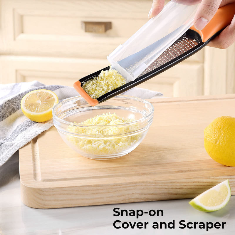 Cohesion Etched Zester & Grater Set of 2 - Kitchen Zester Tool for Lemon, Cheese, Garlic, Ginger, Nutmeg, Chocolate, Fruits, Vegetables - Sharp Premium Stainless Steel Blade with Protective Cover Fine and Coarse Set