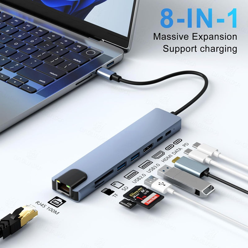 8-in-1 USB C Hub Adapter with HDMI 4K, Ethernet RJ45, USB 3.0, SD/TF Card Reader, PD Charging – Space Gray Multiport Docking Station for MacBook, Laptop, iPad, PC, USB-C Devices