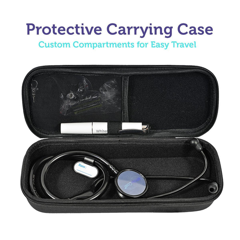 White Coat Dual Head Stethoscope, Lightweight and Acoustical with Protective Case – Jet Black Plus LED Pen Light Pupil Gauge