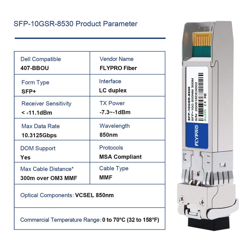 FLYPROFiber- 10GBase-SR SFP+ Transceiver, 10G SR LC Fiber Optics Multimode Module for Dell 407-BBOU (MMF 850nm 300m DOM)