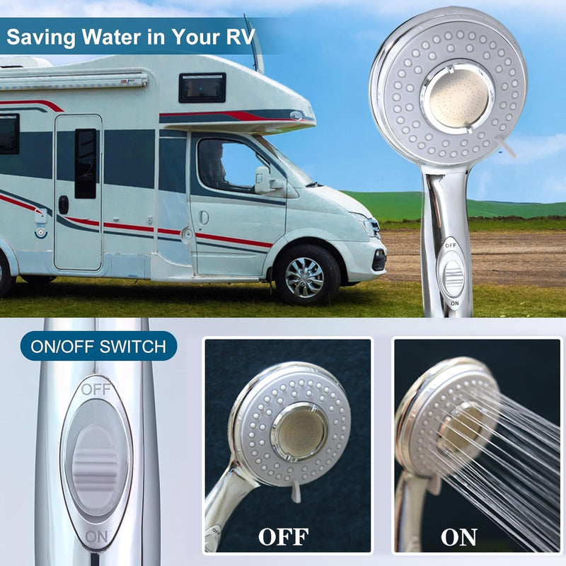 RV Shower Head with Hose and on off switch - High pressure shower head replacement for Bath room、RV、Motor home、Boat、Travel Trailer and Camper - with Stainless Steel 60'' Hose and bracket Chrome