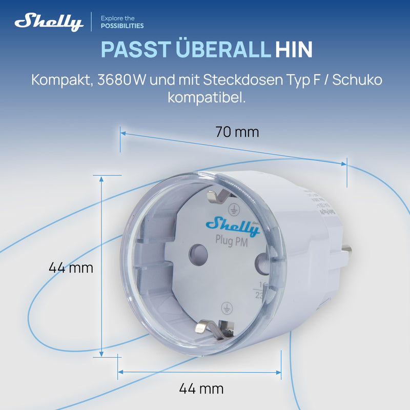 Shelly Plug PM Gen3 White - WiFi Smart Socket, Energy Meter, No Switching Function, Power Measurement, 16A, 3680W, Timer Switch, Plug, Smart Home, Alexa & Google, No Hub Required