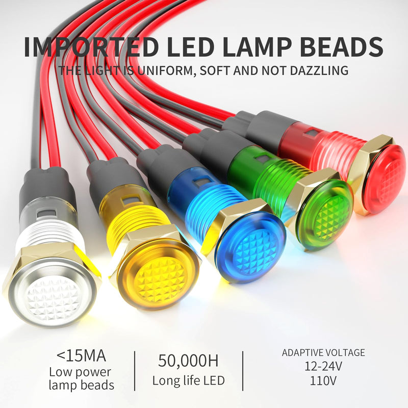 Pack of 10 8 mm LED Signal Lamp Indicator Light, Universal 12-24 V DC Round Indicator Light, Plastic Housing Warning Light, for Control Cabinet and Car Truck (Red, Green, Amber, Blue, White) Five colors 12-24 V