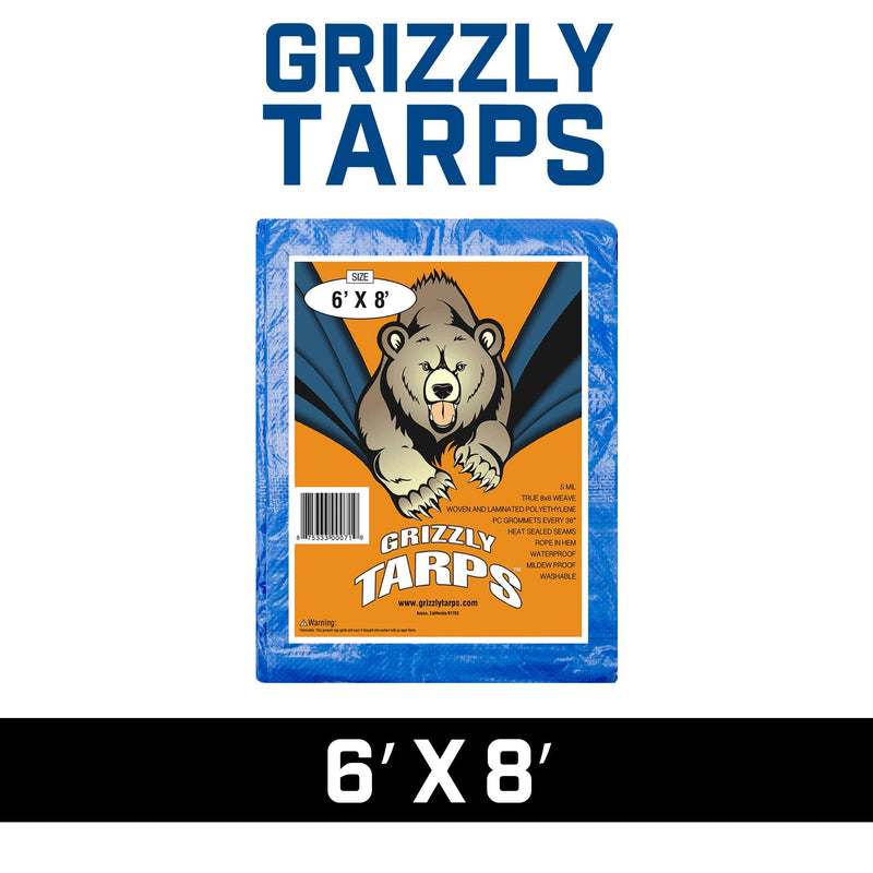 Grizzly Tarps by B-Air 6' x 8' Large Multi-Purpose Waterproof Heavy Duty Poly Tarp with Grommets Every 36", 8x8 Weave, 5 Mil Thick, for Home, Boats, Cars, Camping, Protective Cover, Blue 6' x 8'