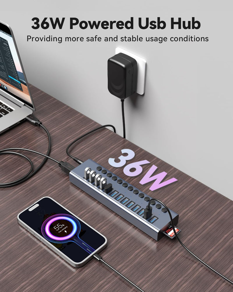 Powered USB 3.0 Hub, Wenter 13 Ports Powered USB Hub with SD/TF Card Reader, Aluminum USB Splitter with Individual On/Off Switches, 12V/3A 36W Power Adapter for PC/Laptops Aluminum 13 Ports